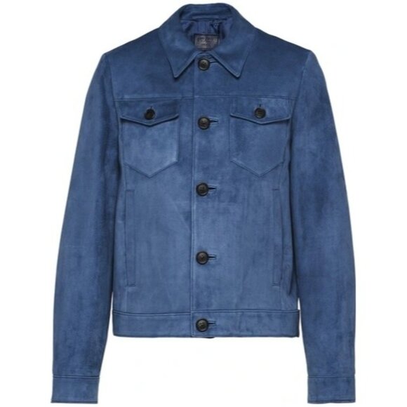 PRADA Milano Men's Buckskin Suede Multi-Pocket Shirt Jacket in Navy - Picture 2 of 10